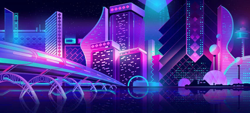 未来科技科幻霓虹灯渐变绚丽城市建筑夜景灯光插画AI/PSD设计素材100套【038】